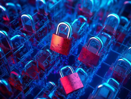 Cyber security concept. Padlock on circuit board. 3d illustrationの素材