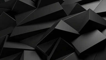 Abstract 3d rendering of chaotic polygonal shapes. Dark background with black elements. Futuristic polygonal design.の素材