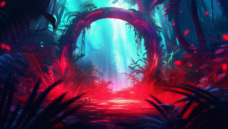 Mystical dark forest with neon lights. fantasy forest. 3D renderingの素材