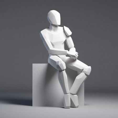 3d render of a mannequin sitting on a white cubeの素材