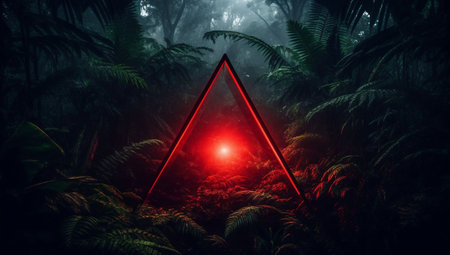 Fantasy landscape with a red triangle in the dark forest. 3d renderingの素材