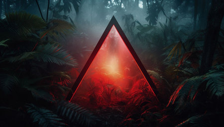 Fantasy dark forest with red triangle. 3D rendering.の素材
