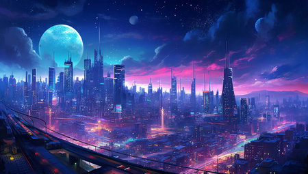 Futuristic city at night with full moon, 3d renderingの素材