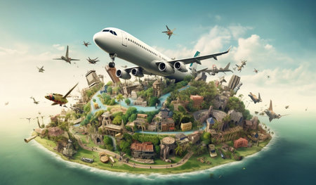 Airplane flying in the blue sky over the island. 3d renderingの素材