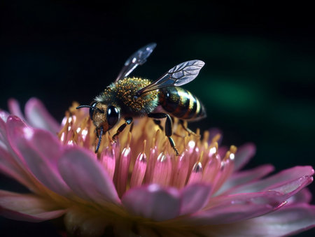 Honey bee collecting pollen on a pink flower. macro shot.の素材