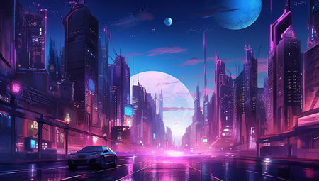 Futuristic city at night with full moon, 3d renderingの素材