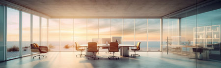 Modern office interior with panoramic sea view. 3D Renderingの素材