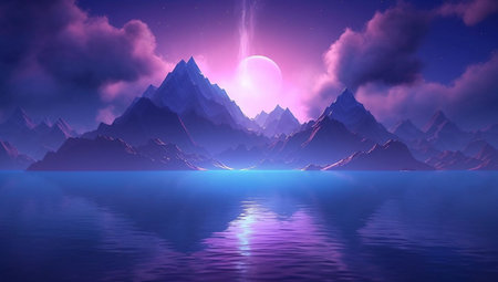 Fantasy landscape with mountains, lake and moon. vector illustration.の素材