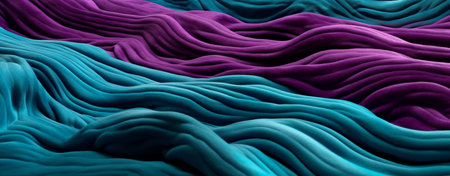 3d rendering, abstract background with wavy folds of purple and blue silk fabricの素材