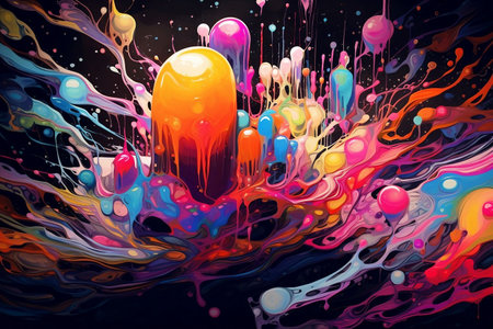 Colorful paint splashes on black background. 3d rendering.の素材