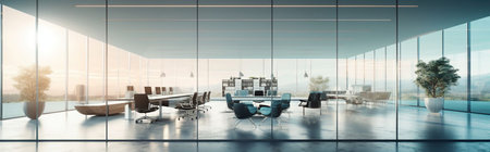 Modern conference room interior with panoramic city view. 3D Renderingの素材