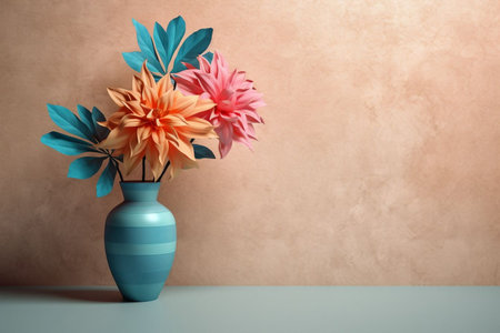 Vase with beautiful dahlias on table against color background. Space for textの素材