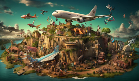 Fantasy landscape with an airplane flying over the island. 3d illustrationの素材