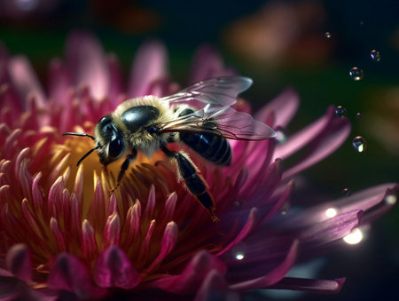 Bee on a pink chrysanthemum flower with water dropsの素材