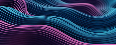 3d render, abstract background with purple and blue gradient wavy linesの素材