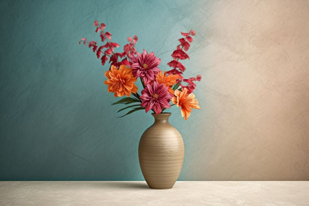 Vase with beautiful flowers on table against color wall. Mock upの素材