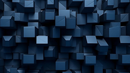 Abstract 3d rendering of geometric shapes. Dark blue background with glowing cubes.の素材