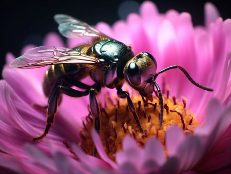 Macro shot of a bee on a pink dahlia flowerの素材