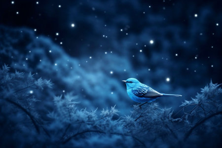 Beautiful blue bird sitting on a branch in the forest at nightの素材