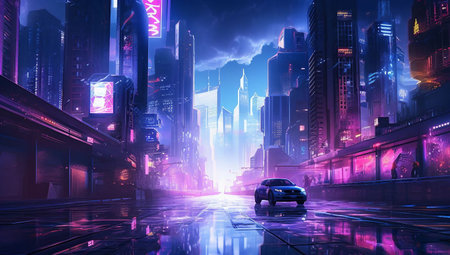Night city street with cars and neon lights. 3D rendering.の素材