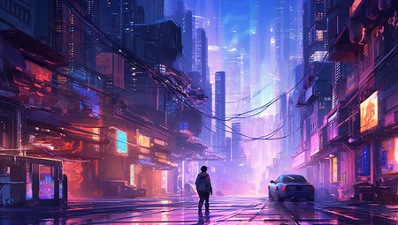 Man walking in the city at night. 3D rendering.の素材