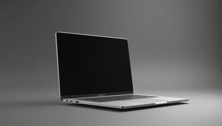 Laptop with blank screen isolated on gray background. 3D renderingの素材