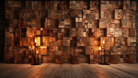 3d rendering of a wooden interior with a wall made of cubesの素材
