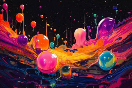 Colorful paint splashes and drops on black background. 3D renderingの素材