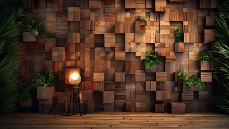 3D rendering of a wooden wall in a room with green plantsの素材