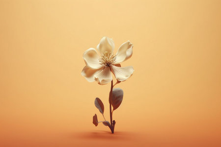 Beautiful white magnolia flower on orange background. Flat lay, top view.の素材