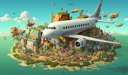 3D illustration of a Fantasy World with an Airplane on topの素材
