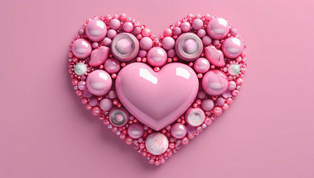 Pink heart with pink beads on a pink background. 3d renderingの素材