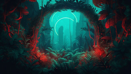 Fantasy landscape with fantasy forest. 3D rendering. computer digital drawing.の素材