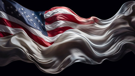 American flag waving in the wind. Black background. 3d rendering.の素材