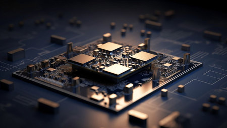 Circuit board with processor and microchips. 3d renderingの素材