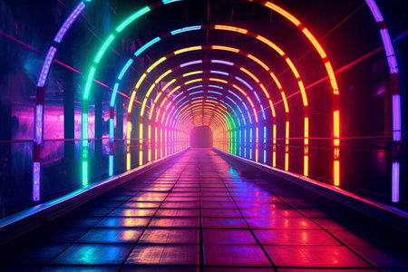 3d render of futuristic corridor with glowing neon lights. abstract backgroundの素材