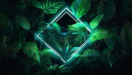 3d illustration of neon green leaves in the jungle with geometric shapesの素材