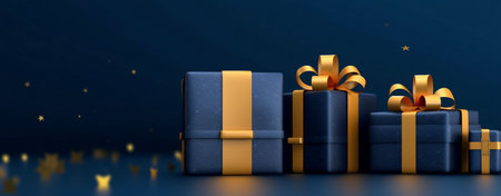 3d render of gift boxes with golden ribbons on dark backgroundの素材