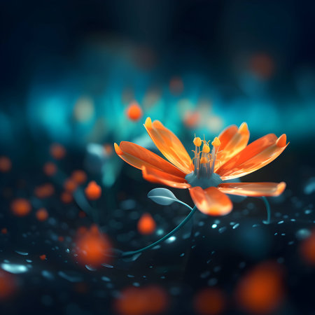 Beautiful orange flower on a dark background with bokeh effectの素材