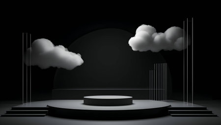 3d rendering of black podium with white clouds on the black backgroundの素材