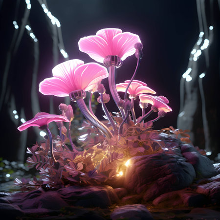 Fantasy flower in the forest at night. 3D illustration.の素材