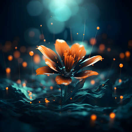 3d illustration of orange flower in water with bokeh backgroundの素材