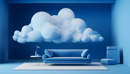 Blue living room with blue sofa, coffee table and clouds - 3d renderingの素材