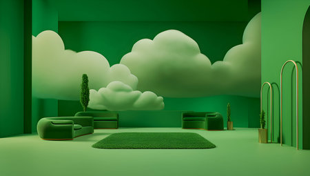 Minimalist green interior design, 3d render, 3d illustrationの素材