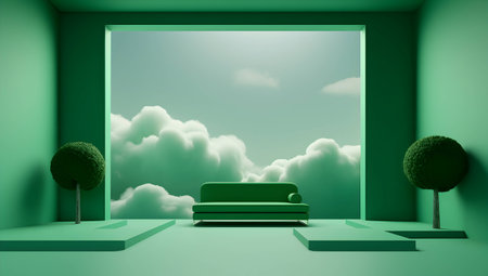 Minimalistic green room with a sofa and a tree in the foregroundの素材