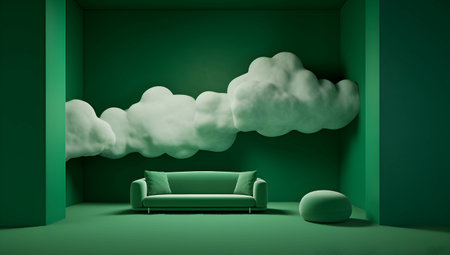 green room with sofa and clouds, 3d rendering. computer digital drawing.の素材