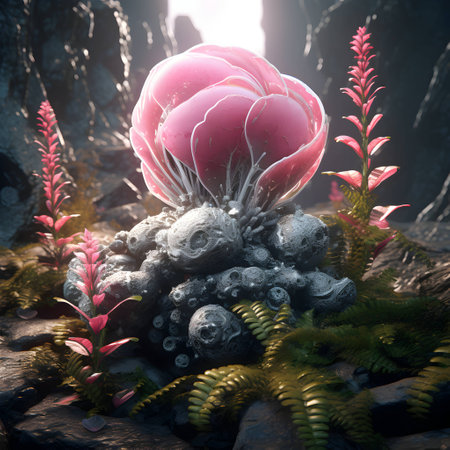 3d illustration of a fantasy landscape with a flower in the forestの素材
