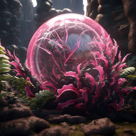3D render of a crystal ball surrounded by plants and algae.の素材