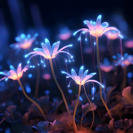 Fantasy floral illustration with fantasy flowers and lights. 3d renderingの素材