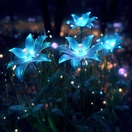 Beautiful blue flowers in the forest at night. 3D renderingの素材
